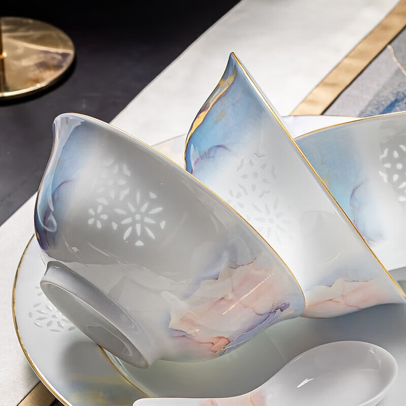 Fuyu Jingdezhen Linglong Porcelain Tableware Set Light Luxury Household Tableware Complete Set New Chinese Dishes Bowl and Plate Set Linglong Porcelain Fancy Gold 16 Pieces