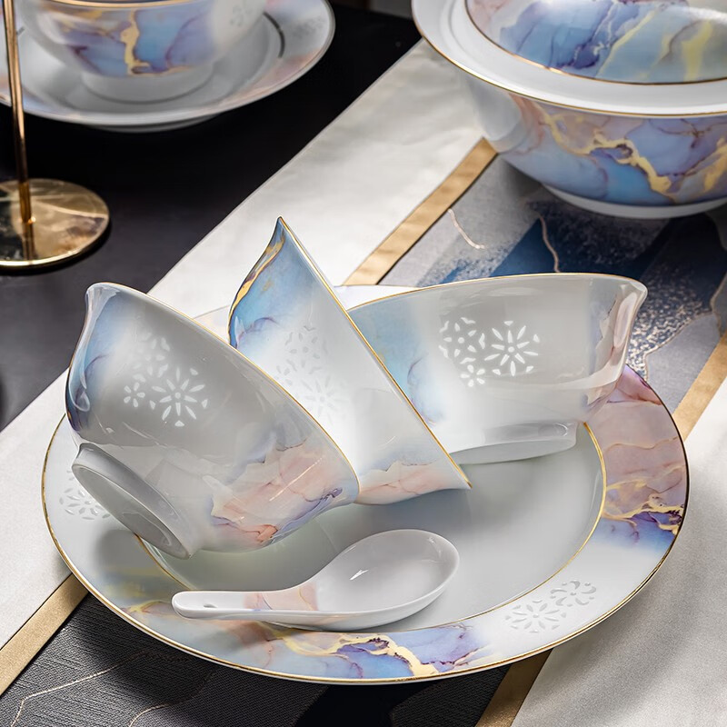 Fuyu Jingdezhen Linglong Porcelain Tableware Set Light Luxury Household Tableware Complete Set New Chinese Dishes Bowl and Plate Set Linglong Porcelain Fancy Gold 16 Pieces