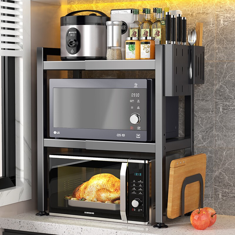 Benwang (BW) kitchen rack microwave oven rack countertop retractable rice cooker rack kitchen utensils storage rack extra thick double layer telescopic 40-64CM + full accessories