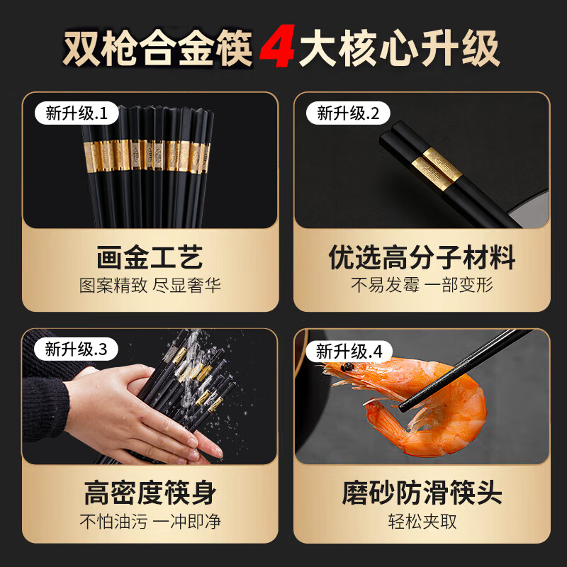 Double gun alloy chopsticks household stainless steel-free hotel high-end public chopsticks paint-free and wax-free tableware set 10 pairs 90% selection Fushou Mianmian-gold 24CM