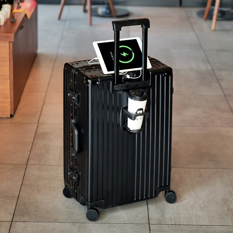 DULA aluminum frame suitcase Gaoyan trolley case cup holder USB charging travel password case leather case Yaoye black 24 inches