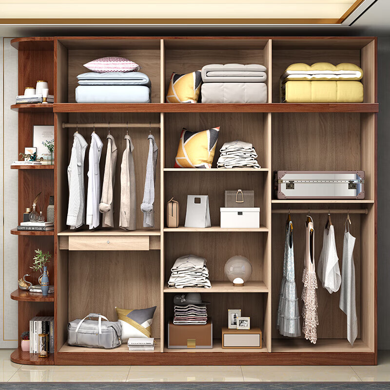 Millennium Shengshi Solid Wood Wardrobe Golden Wire Walnut Wardrobe Bedroom Cabinet Modern Chinese Wardrobe Corner Storage Cabinet Bedroom Furniture Five Doors + Top Cabinet Standard Model Does Not Exclude Center Drawer