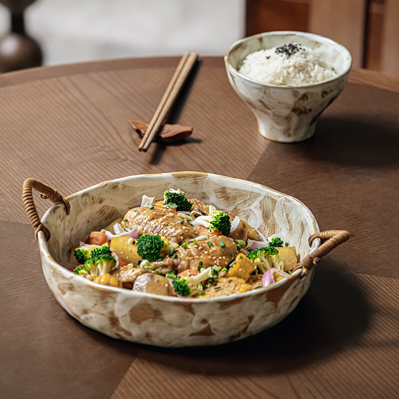 Youcci Nostalgic Handmade Stoneware Characteristic Hemp Rope Double-Eared Bowl, Retro Ceramic Bowl, New Home Bowl, Good-looking Fruit Bowl, Machi-10 Inch Hemp Rope Stoneware Double-Eared Bowl