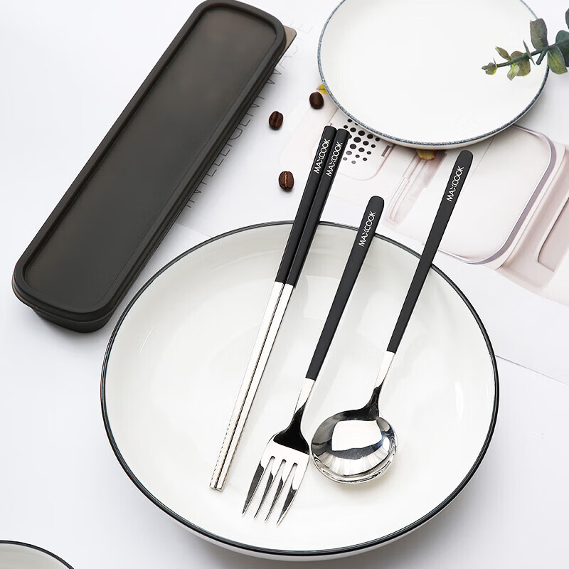 MAXCOOK 304 stainless steel chopsticks, spoons and forks cutlery set portable chopsticks, spoons and forks four-piece set black MCGC095