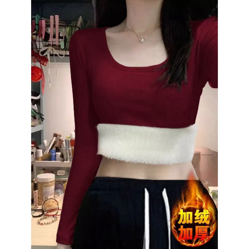 Hanghe velvet thickened square collar long-sleeved bottoming shirt for women to wear autumn and winter new German velvet warm hot girl short top T-shirt milky apricot color velvet thickened silver fox velvet style 330K M recommended 90-100 pounds