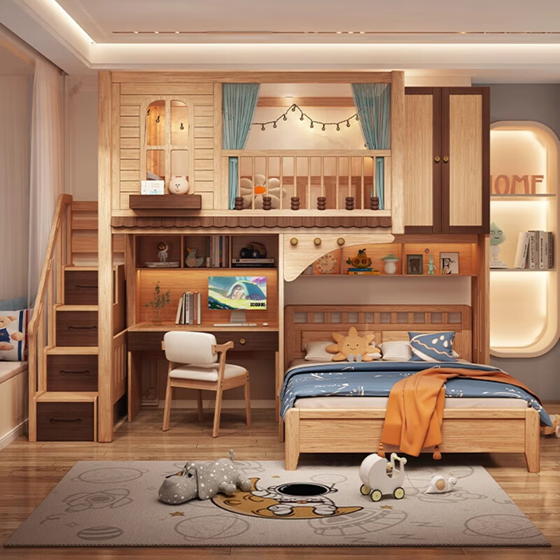 Yiqi staggered bunk bed small apartment double bed bunk bed children's high and low beds do not disturb each other staggered bed upper and lower bed ladder cabinet + 0.8 desk + two door cabinet + high box upper bed 1.2*2 meters + lower bed 1.5*2 meters