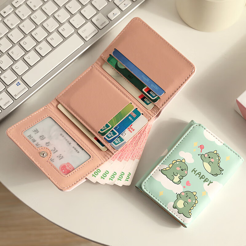 Mombos wallet for women, cute cartoon, fashionable folding card bag for men, ultra-thin multi-card slot storage, portable large-capacity student wallet, green little monster, enlargeable banknote/ID card, anti-degaussing model