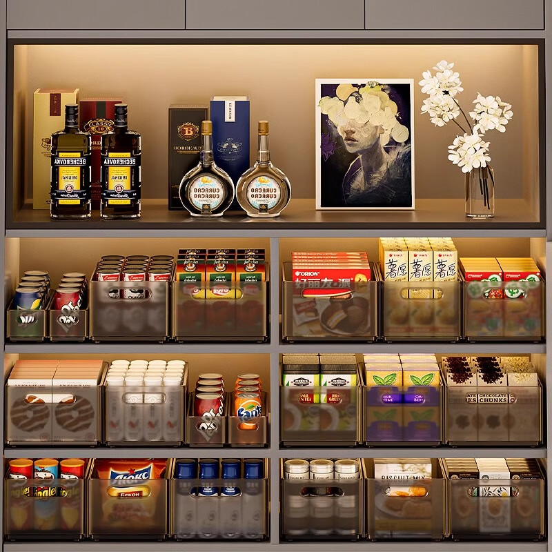 Straw Bear retractable cabinet storage box kitchen organization box desktop snack drawer type glove box deep cabinet right angle storage box transparent tea extra large 3 pack retractable