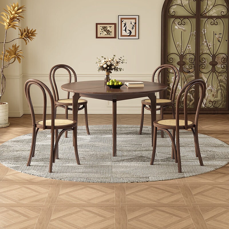 Harmony Dujiang mid-century solid wood dining table retractable folding oval dining table small apartment home dining table and chair combination walnut color single dining table 1 meter retractable to 1.3 meters