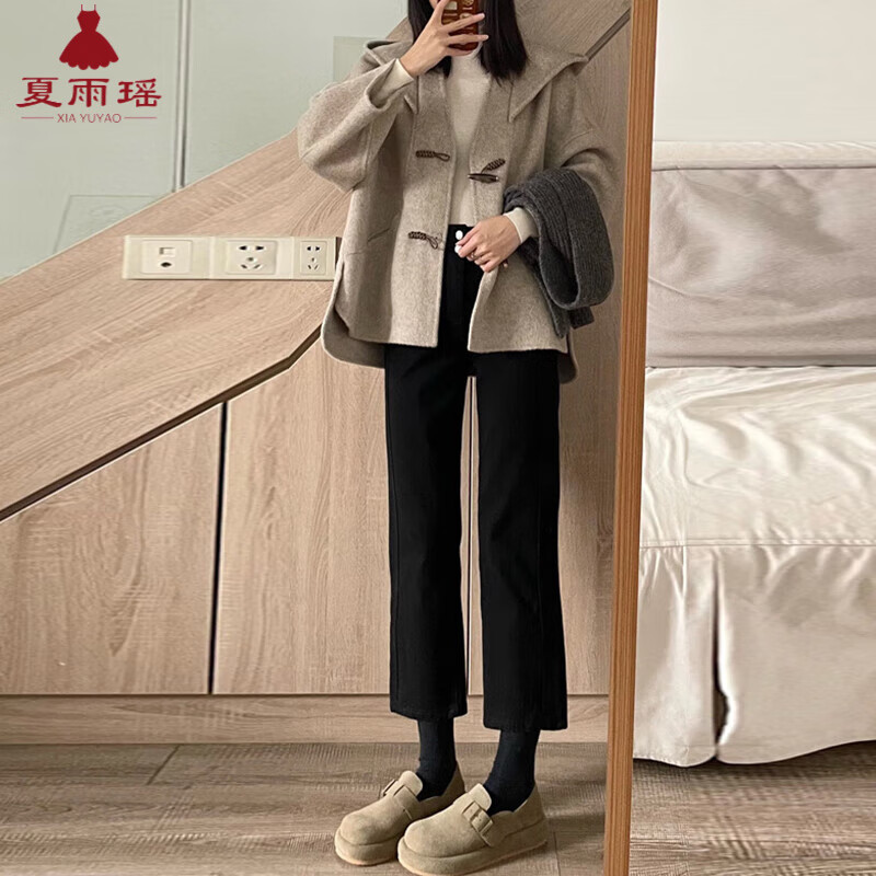 Xia Yuyao short coat jacket for women 2026 spring and autumn new horn button Hepburn style small man hooded top women's Korean oatmeal color XL recommended 110-120 pounds