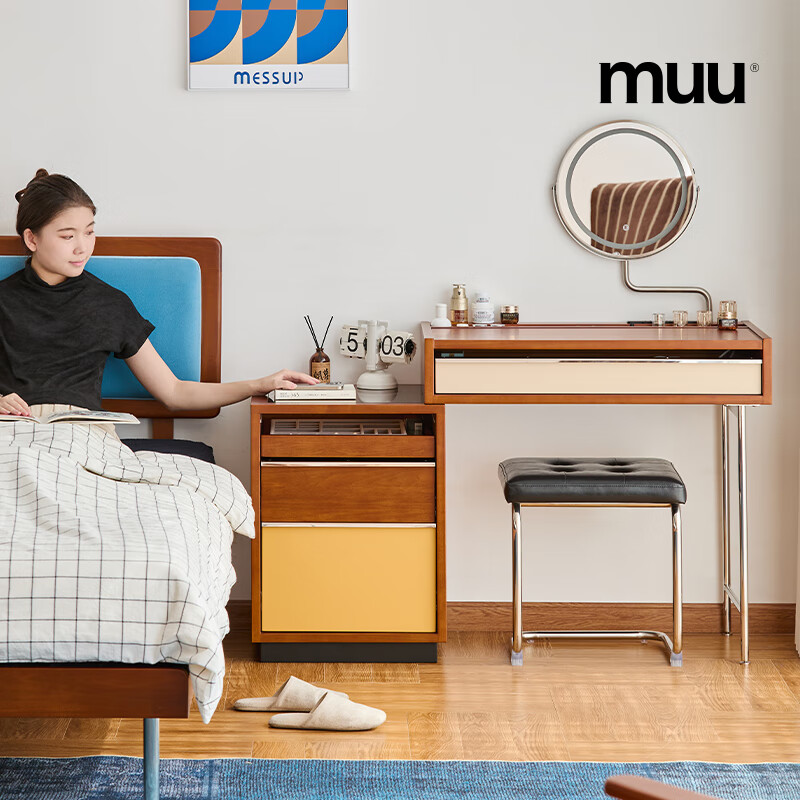MUU solid wood dresser household drawer cabinet storage cabinet integrated small apartment master bedroom antique style bedside table makeup table mirror Mies dresser with mirror