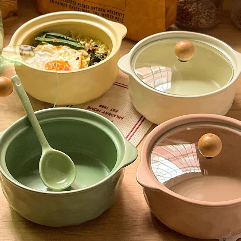Persson (CERAMICS) cream-style double-eared bowl ceramic instant noodle bowl with lid for snail noodles student dormitory large soup bowl for one person at home double-eared bowl with lid (cream yellow)