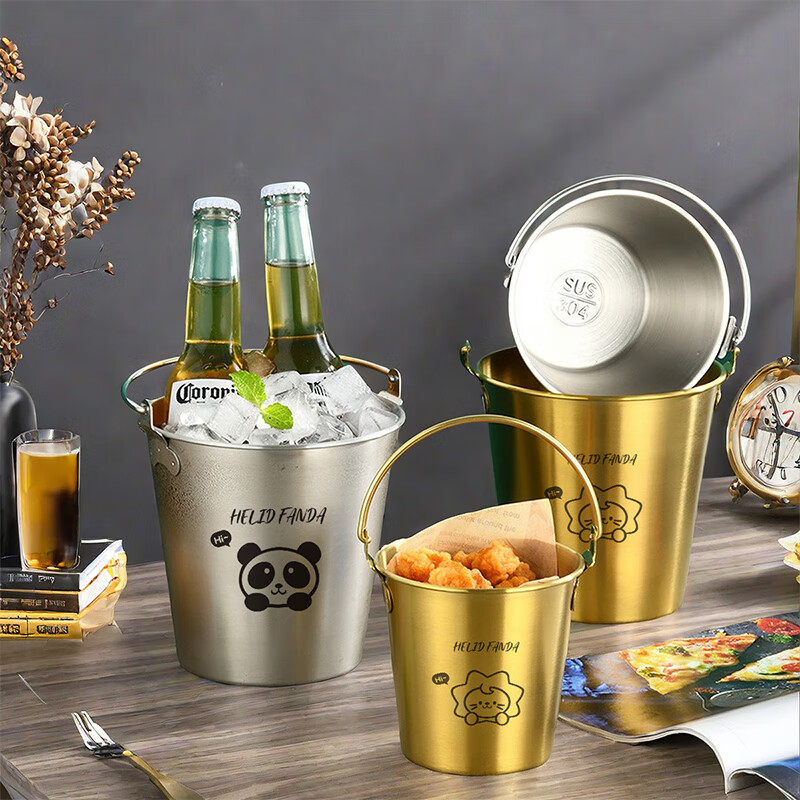 WORTHBUY Internet celebrity ice bucket 304 stainless steel portable ice bucket bar KTV champagne bucket thickened household beer bucket red wine bucket with handle natural color 1.7L-Doudou Xiong