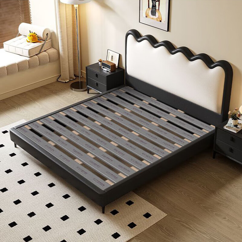 French cream style ripple bed modern simple leather bed small apartment soft package storage bed light luxury master bedroom double bed children's bed + 20cm natural coconut palm mattress 1.5m*2.0m frame structure