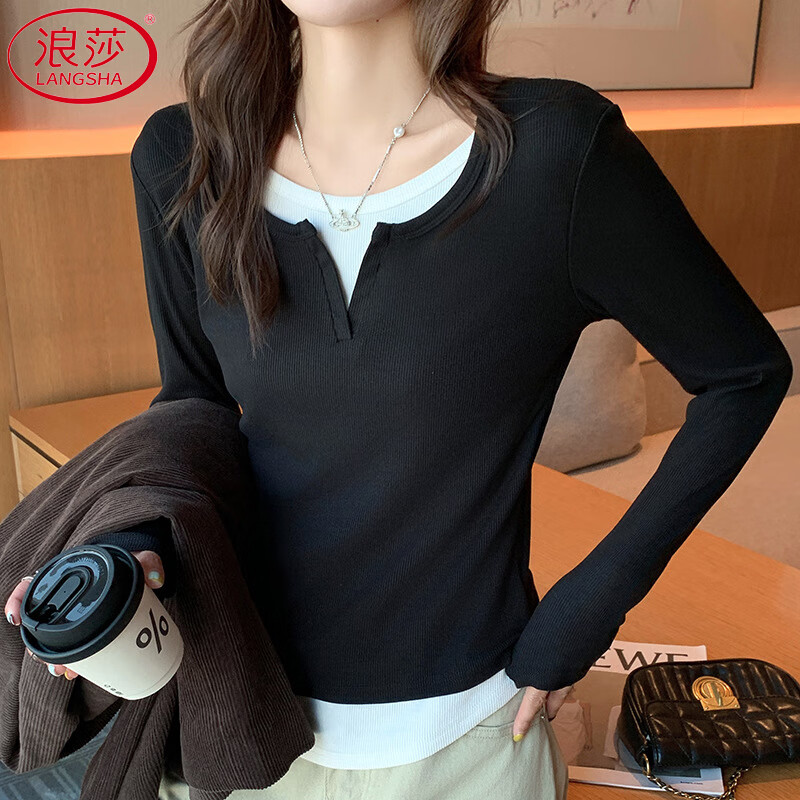 Langsha fake two-piece v-neck bottoming shirt for women autumn 2025 new design niche slim right shoulder inner T-shirt top