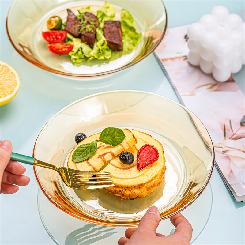 Pick-up high borosilicate glass plate fruit plate 2 pieces heat-resistant glass deep dish vegetable plate salad plate Western food plate
