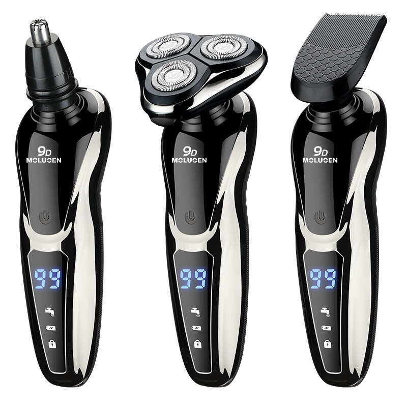 Molon German multi-functional three-in-one electric shaver without leaving stubble, full body washable digital display, fast charging, gift for dad to give husband haircut, hair cleanser, nose hair shaver, electric razor, upgraded digital display + spare head + sideburn hair iron + nose hair trimmer