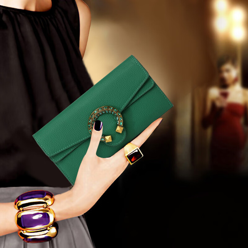 Sephoron high-end diamond-encrusted fashionable long hand wallet with feminine temperament 2026 new first-layer cowhide large-capacity wallet handbag green-first-layer cowhide high-end gift box packaging