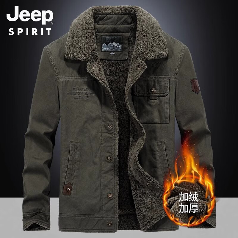 JEEP SPIRIT Cotton Velvet Jacket Men's Winter Lamb Velvet Cotton Clothes Men's Work Jacket Jacket Army Green 3166-Autumn and Winter Plus Velvet 3XL