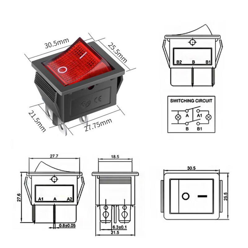Huijun KCD4 boat-shaped switch boat-shaped rocker power button high current 4 feet 2 gears - red open with light 16A