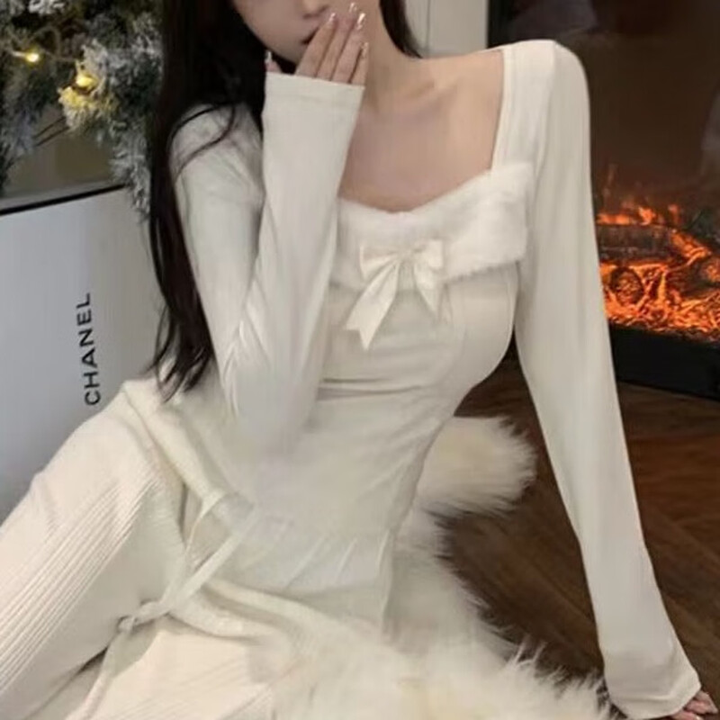 Yixin winter bottoming shirt for women, 2026 new long-sleeved style, slim fit, can be worn as a versatile piece, plush square collar, bow long sleeves, apricot color L, recommended weight is about 100-115 catties