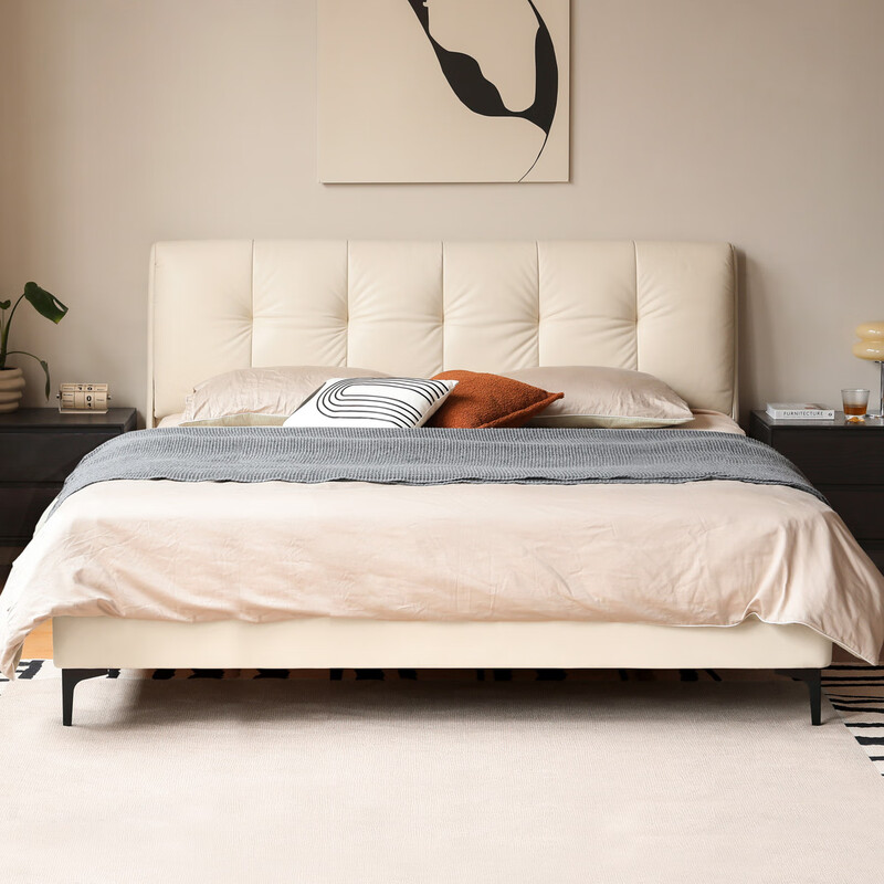 Genji Wood Language Leather Bed Double Bed Master Bedroom Upholstered Bed Cream Style White Leather Bed Light Luxury Modern Leather Art King Bed 1.5m