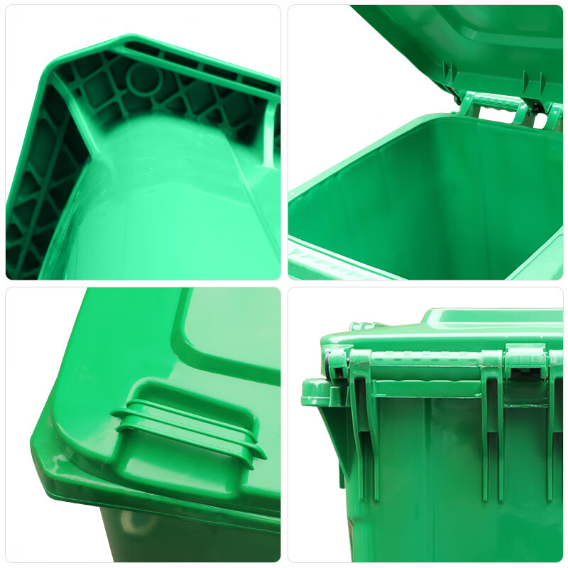 Senser large 240-liter outdoor commercial sanitation trash can with cover and wheels, large-capacity outdoor property hotel kitchen industrial classification flip-top plastic bucket, green (little man mark) trailer model