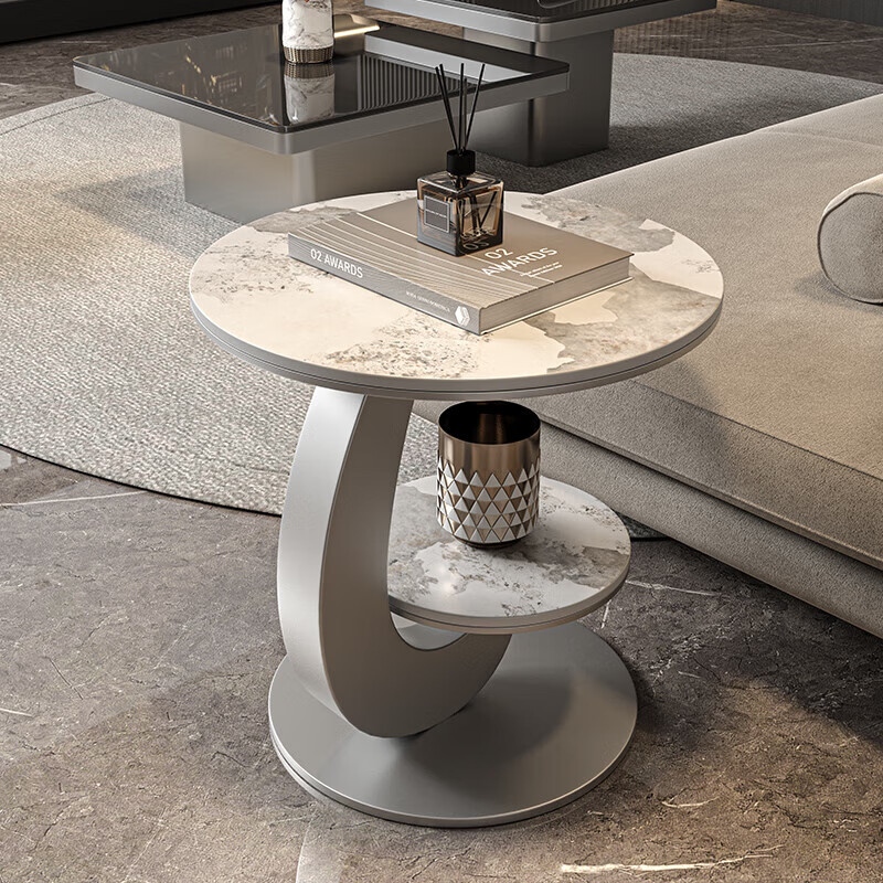 Linjie modern minimalist side table living room mobile mini coffee table round side table slate sofa next to small table high-end silver frame glossy fish belly white (50*50)