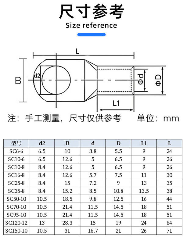 SC(JGK)-16 square 6-8-10 peephole copper terminal block cable copper terminal copper tinned terminal nose SC16-6 (50 pieces)