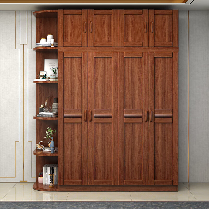 Millennium Shengshi Solid Wood Wardrobe Golden Wire Walnut Wardrobe Bedroom Cabinet Modern Chinese Wardrobe Corner Storage Cabinet Bedroom Furniture Five Doors + Top Cabinet Standard Model Does Not Exclude Center Drawer