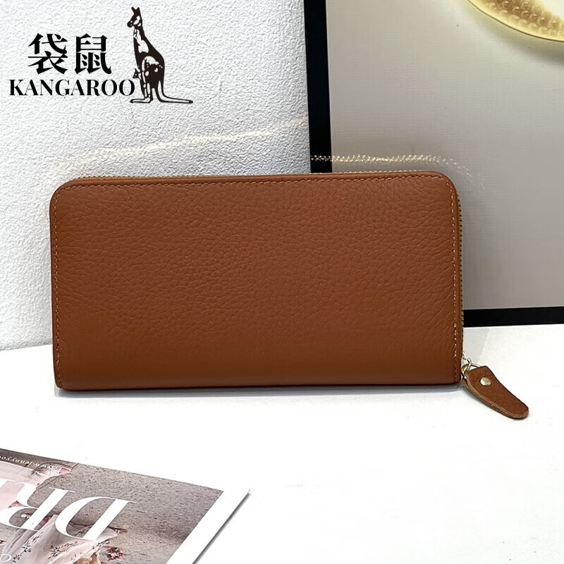 Kangaroo (KANGAROO) genuine leather women's long wallet first layer cowhide fashion wallet zipper bag pebbled leather wallet wallet earthy yellow