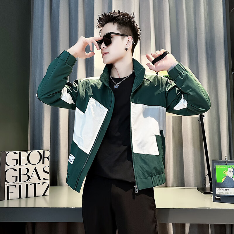 Jason's Jacket Men's Autumn and Winter Cotton Thickened 2025 New Trendy Versatile Top Men's Color Blocked Autumn Clothes D313-J209 Green (Regular Class) L (Recommended 110-130 catties)