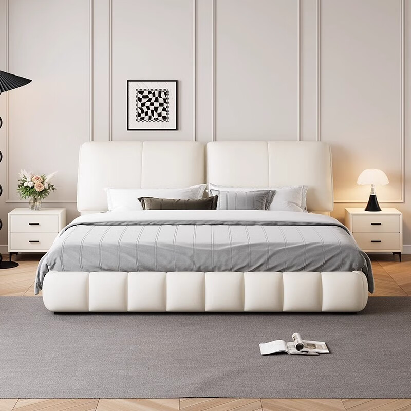 XIYUNMEN government subsidizes cream-style first-layer cowhide leather bed elephant ear master bedroom double bed minimalist storage bed wedding bed bed + moderately hard and soft natural latex mattress 1.8*2 meter frame bed/10cm steel wood lattice frame