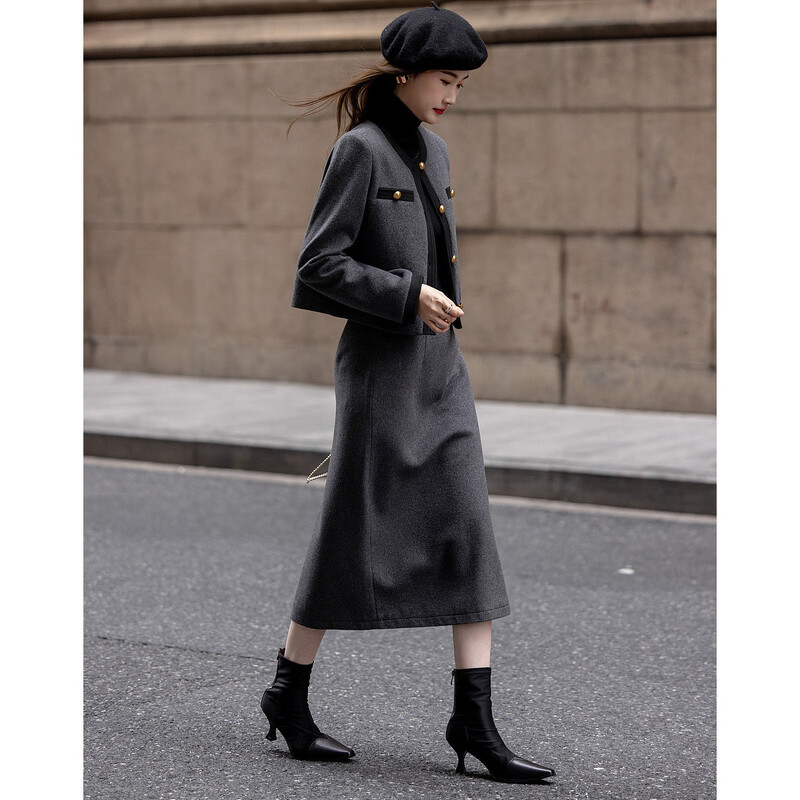 Demana Breathing Sheep Wool Autumn and Winter Madeleine One-Word Bag Contrast Color Suit Small Fragrance Style Two-piece Set for Women