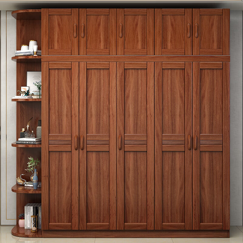 Millennium Shengshi Solid Wood Wardrobe Golden Wire Walnut Wardrobe Bedroom Cabinet Modern Chinese Wardrobe Corner Storage Cabinet Bedroom Furniture Five Doors + Top Cabinet Standard Model Does Not Exclude Center Drawer