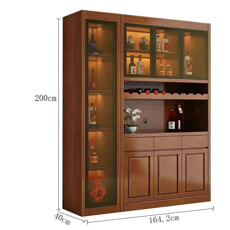 Wu solid wood wine cabinet and sideboard integrated living room wall-mounted multi-functional storage display cabinet with glass door kitchen storage cabinet three doors walnut color with side cabinet 1.65 meters
