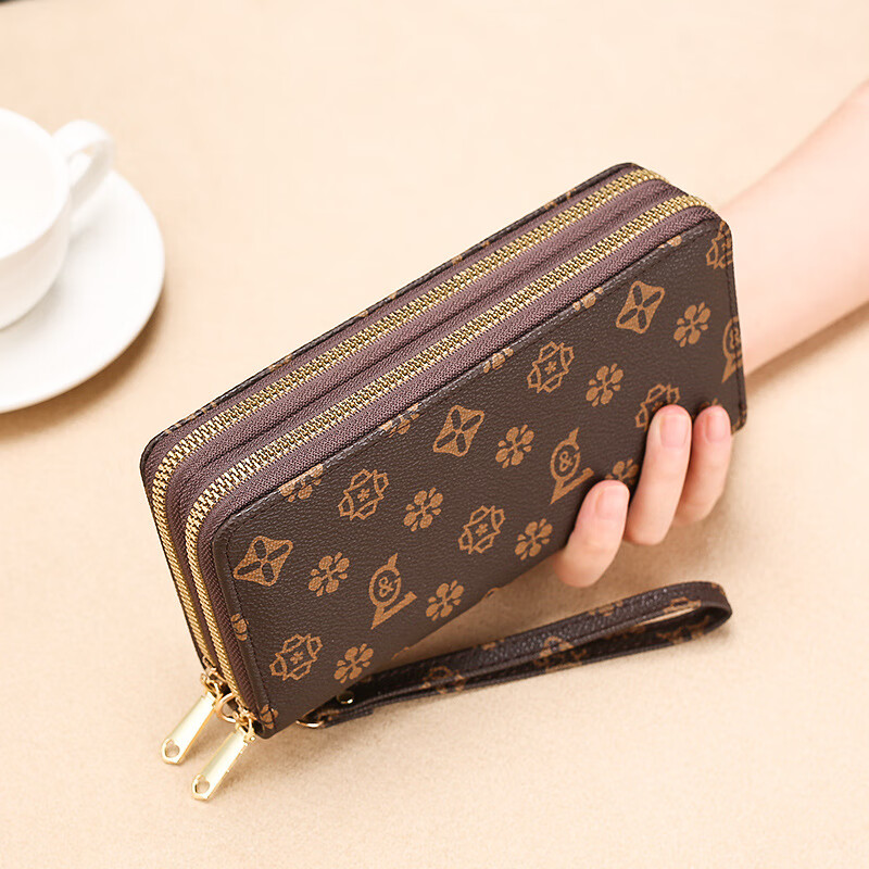 Jiapinyou Wallet Women's Long Style 2024 Hot Style Printed Large Capacity Temperament Double Zipper Women's Wallet Wallet Clutch Letter Style Coffee Color