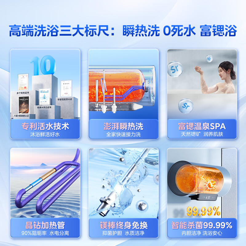 Midea skin-friendly living water Q5S 60L electric water heater instant hot wash strontium-rich skin nourishing hot spring bath free of replacement magnesium rod 3200W fast heating household water storage type national subsidy 15%