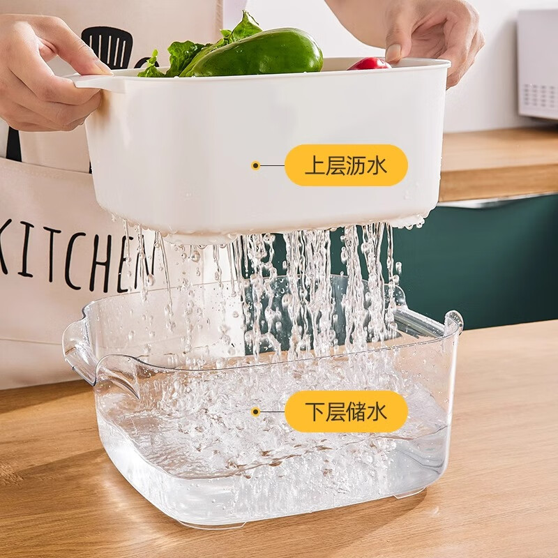 YOUQIN double-layered vegetable sink drain basket multi-functional kitchen household new fruit plate living room strainer basket washing vegetable basket thickened double-layered large mint green