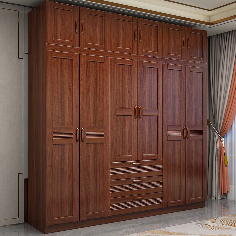 Millennium Shengshi Solid Wood Wardrobe Golden Wire Walnut Wardrobe Bedroom Cabinet Modern Chinese Wardrobe Corner Storage Cabinet Bedroom Furniture Five Doors + Top Cabinet Standard Model Does Not Exclude Center Drawer