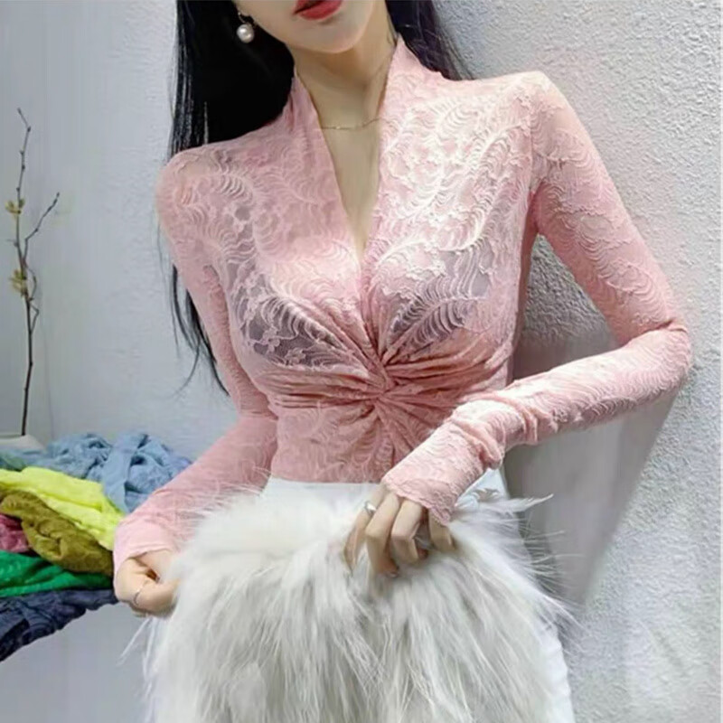 Baichao Sexy V-neck Lace Shirt Women's Long Sleeve 2020 Spring Shirt New Korean Style Slim Fit Western Style Bottoming Shirt Top Black S Recommended for a slim fit of 70-80 pounds