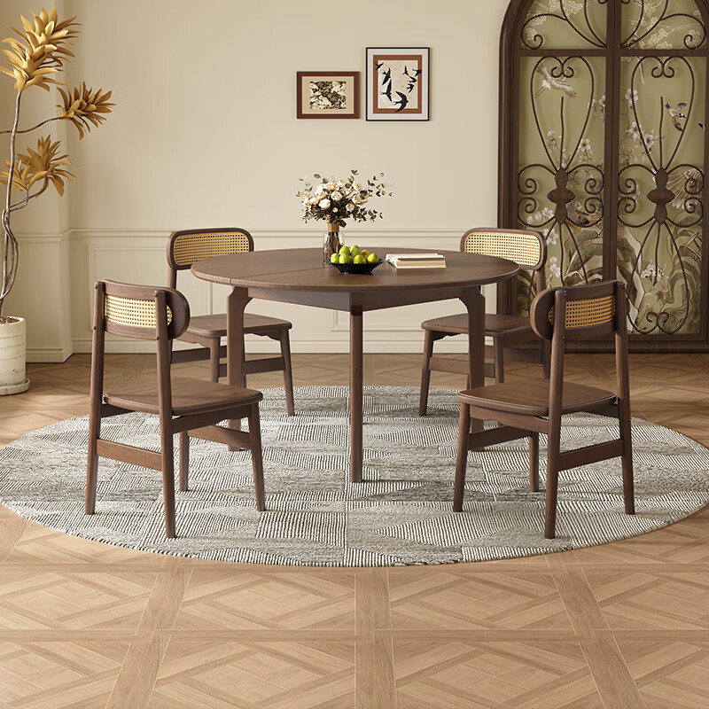 Harmony Dujiang mid-century solid wood dining table retractable folding oval dining table small apartment home dining table and chair combination walnut color single dining table 1 meter retractable to 1.3 meters