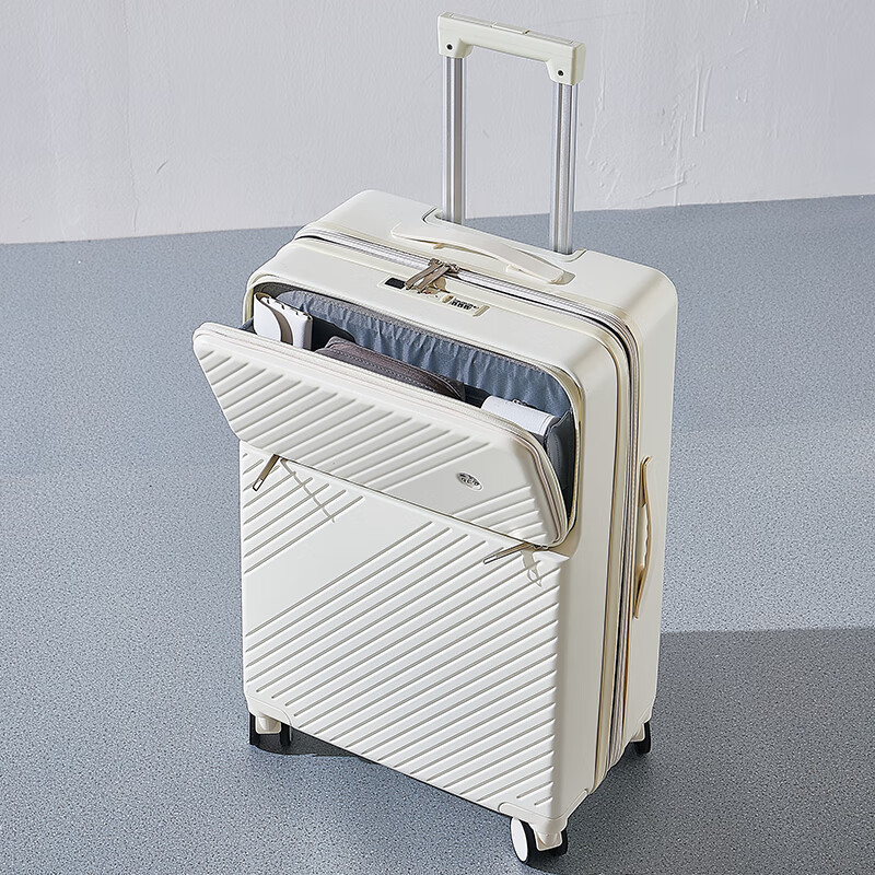 Guangludi expandable front-opening student suitcase trolley case for men with large capacity password suitcase for women small boarding suitcase front opening zipper case / off-white + dry and wet separation 20 inches boarding style + dual charging ports + expandable