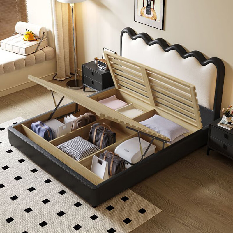 French cream style ripple bed modern simple leather bed small apartment soft package storage bed light luxury master bedroom double bed children's bed + 20cm natural coconut palm mattress 1.5m*2.0m frame structure