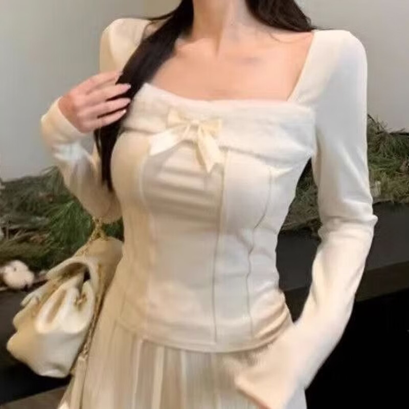 Yixin winter bottoming shirt for women, 2026 new long-sleeved style, slim fit, can be worn as a versatile piece, plush square collar, bow long sleeves, apricot color L, recommended weight is about 100-115 catties