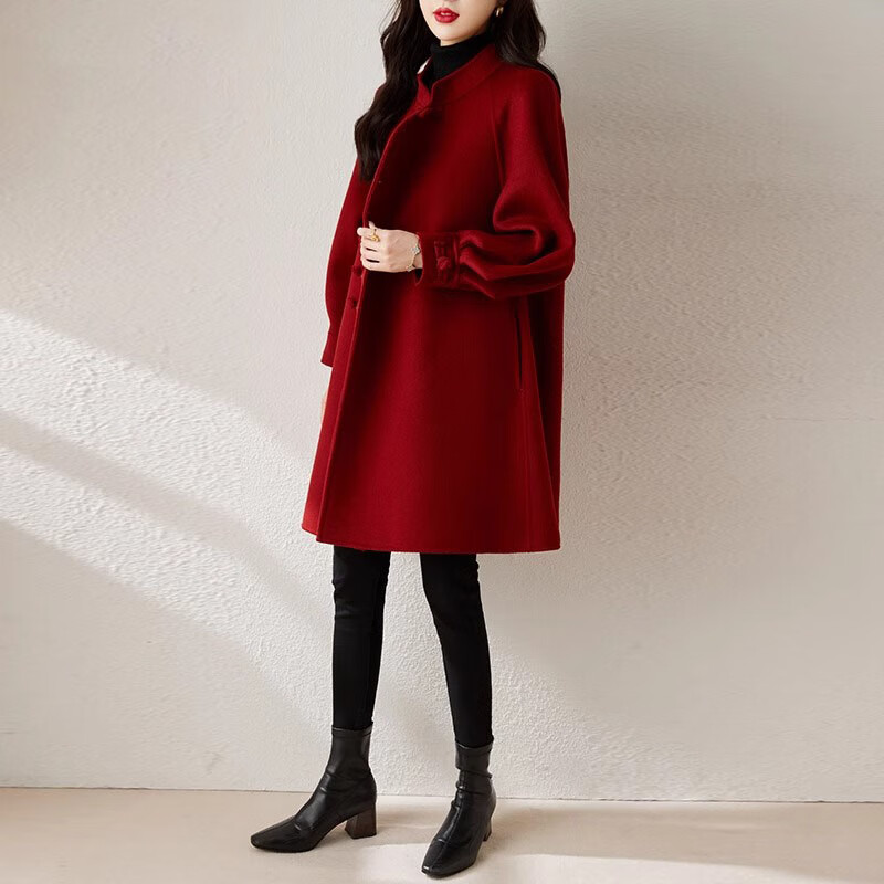 AEMAPE Christmas red double-sided woolen 2025 winter wool Chinese style coat women's Chinese fashion retro woolen coat Christmas red S recommended 85-100 pounds