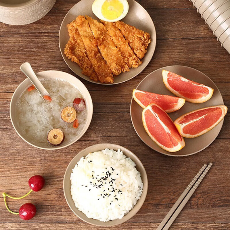 Shenfu rice husk disposable tableware set, biodegradable four-piece set of bowls, chopsticks, cups and spoons, household thickened lunch box, rice husk five-piece set of 50 sets (bowls, cups, saucers, spoons and chopsticks) individually packed