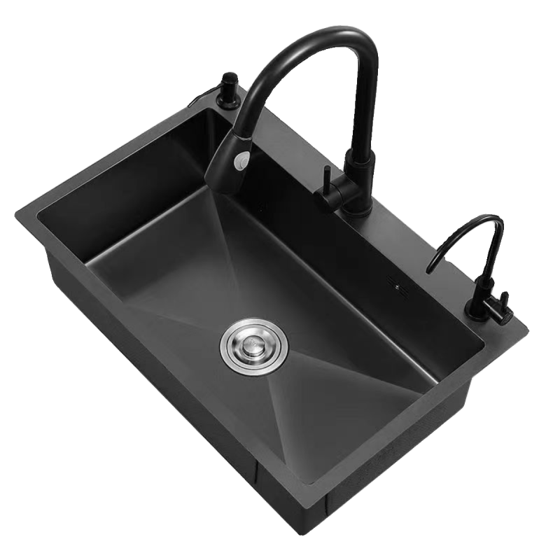 Jiumuwang thickened 304 stainless steel sink large single-slot wash basin home kitchen sink three-hole black nano three-hole basin black 60*45 pull-out + clean faucet package