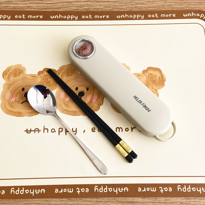 WORTHBUY 316 Stainless Steel Chopsticks and Spoons Cute Portable Tableware Three-piece Set Single Student Takeaway Storage Cutlery Box Hehe Xiong Mi White + 304 Chopsticks and Spoons 3-piece Set