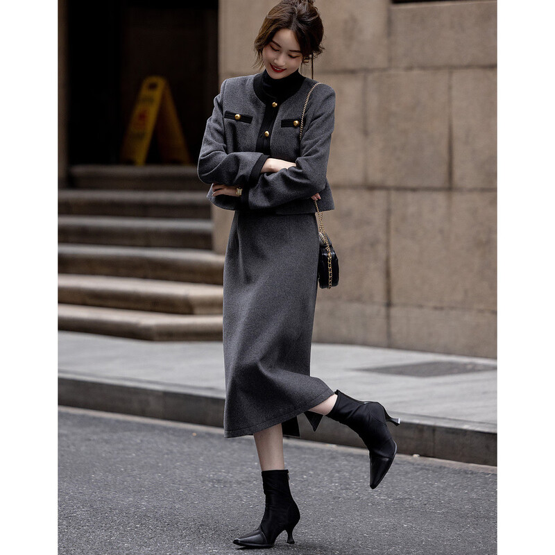 Demana Breathing Sheep Wool Autumn and Winter Madeleine One-Word Bag Contrast Color Suit Small Fragrance Style Two-piece Set for Women